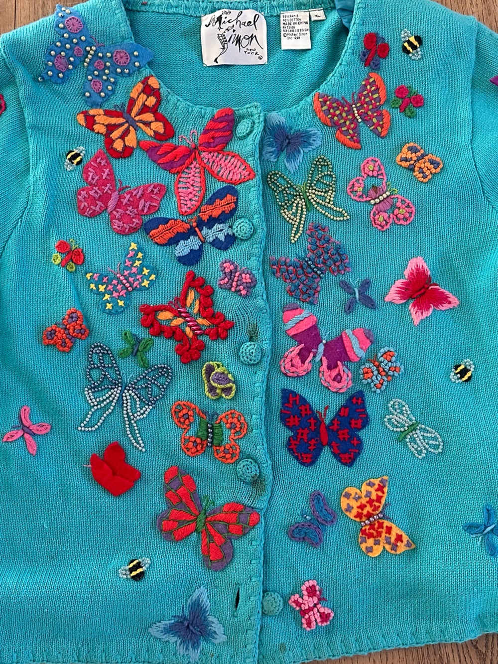 Michael Simon Turquoise Butterfly Appliqué Cardigan